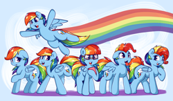 Size: 3473x2030 | Tagged: safe, artist:graphene, character:rainbow dash, species:pegasus, species:pony, episode:newbie dash, g4, my little pony: friendship is magic, alternate hairstyle, backwards cutie mark, care mare, dashstorm, dynamic dash, female, floppy ears, forthright filly, impersonating, manebow sparkle, mare, multeity, open mouth, ponidox, rainbow, rainbow dork, rainbow fash, raised hoof, reading rainboom, self ponidox, solo, the rainbow dash show, tongue out