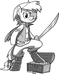 Size: 2085x2624 | Tagged: safe, artist:petirep, oc, oc only, species:pony, belt, bipedal, black and white, buck legacy, card art, clothing, ear piercing, eyepatch, grayscale, hat, male, monochrome, palm tree, piercing, pirate, sand, sandcastle, shovel, simple background, solo, sword, transparent background, treasure chest, weapon