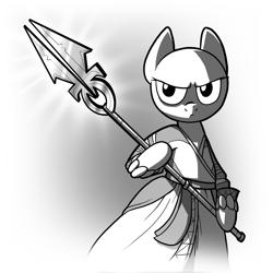 Size: 3000x3000 | Tagged: safe, artist:petirep, oc, oc only, species:pony, bald, beads, bipedal, black and white, buck legacy, card art, cleric, clothing, determined, grayscale, male, monk, monochrome, robe, simple background, solo, spear, weapon