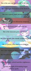 Size: 534x1198 | Tagged: safe, artist:mythpony, character:king sombra, character:nightmare moon, character:prince blueblood, character:princess cadance, character:princess celestia, character:princess flurry heart, character:princess luna, character:queen chrysalis, character:shining armor, character:twilight sparkle, character:twilight sparkle (alicorn), species:alicorn, species:pony, poetry, royalty