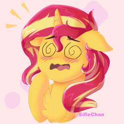 Size: 3000x3000 | Tagged: safe, artist:eifiechan, character:sunset shimmer, species:pony, species:unicorn, my little pony:equestria girls, blushing, bust, chest fluff, cute, dizzy, female, floppy ears, mare, open mouth, portrait, raised hoof, shimmerbetes, solo, swirly eyes, wavy mouth