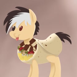 Size: 400x400 | Tagged: safe, artist:siberwar, oc, oc only, species:earth pony, species:pony, blep, burrito, clothing, earth pony oc, food, gradient background, heterochromia, lineless, male, scarf, solo, stallion, tongue out