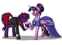 Size: 3400x2500 | Tagged: safe, artist:jack-pie, character:twilight sparkle, character:twilight sparkle (alicorn), oc, oc:purplethink, species:alicorn, species:earth pony, species:pony, clothing, commission, dress, hoof kissing, simple background, transparent background