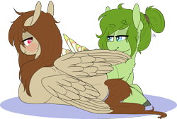 Size: 2754x1858 | Tagged: safe, artist:liefsong, oc, oc only, oc:lief, oc:red, species:hippogriff, species:pegasus, species:pony, birds doing bird things, blushing, cute, pouting, preening, scrunch