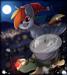Size: 1700x1900 | Tagged: safe, artist:passigcamel, character:rainbow dash, character:tank, species:pegasus, species:pony, aviator goggles, chest fluff, christmas, clothing, duo, female, flying, full moon, goggles, hat, holiday, male, mare, moon, night, propeller, red nose, santa hat, smiling, stars, tortoise
