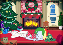 Size: 6095x4412 | Tagged: safe, artist:invisibleink, character:rainbow dash, character:tank, my little pony:equestria girls, absurd resolution, bow, chocolate, christmas, christmas eve, christmas lights, christmas presents, christmas stocking, christmas tree, clothing, curtains, feet, fireplace, food, gift wrapped, holiday, hot chocolate, pajamas, santa claus, sleeping, snow, stars, tree, wreath