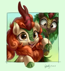Size: 2190x2400 | Tagged: safe, artist:luciferamon, character:autumn blaze, character:cinder glow, character:summer flare, species:kirin, episode:sounds of silence, g4, my little pony: friendship is magic, autumn blaze's puppet, awwtumn blaze, cloven hooves, cute, female, frown, happy, kirinbetes, leaning, leg fluff, looking at you, open mouth, raised hoof, smiling, stick, wide eyes