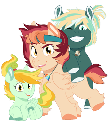 Size: 891x1001 | Tagged: safe, artist:dbkit, character:dumbbell, character:rainbow dash, oc, oc:cherry bomber, oc:hightide, oc:kite runner, parent:dumbbell, parent:rainbow dash, parents:dumbdash, species:earth pony, species:pegasus, species:pony, 2019 community collab, derpibooru community collaboration, colt, female, filly, headband, jewelry, looking at you, male, necklace, new, next generation, offspring, one eye closed, siblings, simple background, transparent background, wink