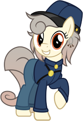 Size: 3000x4355 | Tagged: safe, artist:pirill, oc, oc only, oc:osha, species:earth pony, species:pony, 2019 community collab, derpibooru community collaboration, absurd resolution, clothing, cute, ear piercing, earring, female, grin, hat, jewelry, looking at you, military uniform, ocbetes, pants, piercing, raised hoof, shirt, show accurate, simple background, smiling, solo, squee, transparent background, uniform, vector