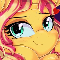 Size: 3600x3600 | Tagged: safe, artist:eifiechan, character:sunset shimmer, species:pony, species:unicorn, g4, bust, close-up, cute, eyelashes, female, freckles, heart, looking at you, mare, peppered bacon, portrait, shimmerbetes, signature, smiling