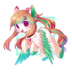 Size: 2000x2000 | Tagged: safe, artist:leafywind, oc, oc only, species:pegasus, species:pony, abstract background, colored hooves, colored pupils, colored wings, colored wingtips, commission, cute, cute little fangs, fangs, female, flying, hairband, hairpin, jewelry, looking at you, mare, ocbetes, open mouth, pendant, smiling, solo, spread wings, starry eyes, tail band, wingding eyes, wings