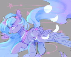 Size: 2500x2000 | Tagged: safe, artist:leafywind, character:princess luna, species:alicorn, species:pony, crown, female, flying, gray background, jewelry, mare, moon, open mouth, regalia, simple background, sketch, smiling, solo, spread wings, stars, wings