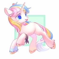 Size: 2500x2500 | Tagged: safe, artist:leafywind, oc, oc only, species:pony, species:unicorn, abstract background, bandage, coat markings, colored hooves, colored pupils, cute, female, mare, ocbetes, silly, solo, starry eyes, tongue out, unshorn fetlocks, wingding eyes