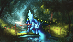 Size: 4770x2785 | Tagged: safe, artist:auroriia, character:princess luna, species:alicorn, species:pony, g4, bent over, blep, bridge, cute, ethereal mane, female, galaxy mane, grass, looking at something, looking down, mare, outdoors, reflection, river, scenery, signature, silly, solo, spread wings, tongue out, tree, water, wings