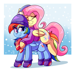 Size: 3096x2960 | Tagged: safe, artist:graphene, character:fluttershy, character:rainbow dash, species:pegasus, species:pony, clothing, coat, cute, dashabetes, dawwww, eye clipping through hair, eyes closed, female, friendshipping, hat, hnnng, hug, mare, ponies riding ponies, scarf, shyabetes, smiling, snow, snowfall, sweater