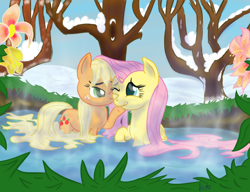 Size: 1660x1276 | Tagged: safe, artist:kittyhawk-contrail, character:applejack, character:fluttershy, species:earth pony, species:pegasus, species:pony, fanfic:where they are joined, ship:appleshy, fanfic art, female, flower, hot springs, lesbian, loose hair, mare, missing accessory, shipping, snow, water, wet mane