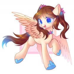 Size: 1800x1800 | Tagged: safe, artist:leafywind, oc, oc only, species:pegasus, species:pony, abstract background, choker, colored pupils, cute, female, flying, hairband, hoof shoes, mare, open mouth, pigtails, smiling, solo, spread wings, starry eyes, wingding eyes, wings