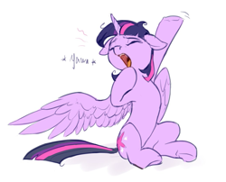 Size: 1039x839 | Tagged: safe, artist:luciferamon, character:twilight sparkle, character:twilight sparkle (alicorn), species:alicorn, species:pony, cute, eyes closed, female, floppy ears, mare, open mouth, pandiculation, raised hoof, simple background, sitting, sleepy, solo, stretching, tired, twiabetes, underhoof, white background, yawn