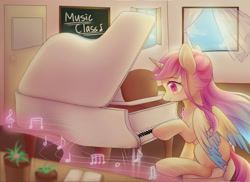 Size: 2300x1675 | Tagged: safe, artist:leafywind, oc, oc only, species:alicorn, species:pony, alicorn oc, female, mare, music notes, piano, smiling, solo, starry eyes, wingding eyes