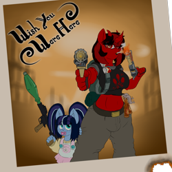 Size: 1600x1600 | Tagged: safe, artist:sanyo2100, oc, oc only, oc:forsaken, species:anthro, species:earth pony, species:unicorn, anthro oc, backpack, belly button, breasts, cigarette, clothing, crotch bulge, earth pony oc, freckles, gun, handgun, killing floor, lipstick, looking at you, midriff, overalls, pacifier, pants, pigtails, revolver, rpg-7, shirt, skirt, smoking, unicorn oc