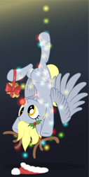Size: 5084x9980 | Tagged: safe, artist:pirill, character:derpy hooves, species:pony, absurd resolution, christmas, christmas lights, clothing, female, hat, holly, hung upside down, muffin, reindeer antlers, santa hat, scrunchy face, solo, suspended, upside down