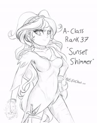 Size: 3000x3800 | Tagged: safe, artist:eifiechan, character:sunset shimmer, my little pony:equestria girls, clothing, female, monochrome, one punch man, simple background, sketch, smiling, solo, white background