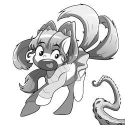 Size: 4000x4000 | Tagged: safe, artist:petirep, oc, oc only, species:pony, black and white, body horror, buck legacy, card art, clothing, cthulhu, eldritch abomination, female, grayscale, mare, miniskirt, monochrome, open mouth, pigtails, running, scared, screaming, simple background, skirt, tentacles, transparent background