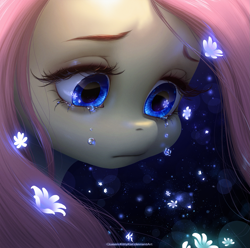 Size: 1677x1662 | Tagged: safe, artist:katputze, character:fluttershy, species:pegasus, species:pony, bust, crying, cute, female, flower, fluttercry, looking down, mare, portrait, redraw, sad, sadorable, solo, teardrop, teary eyes, three quarter view