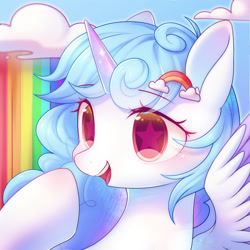 Size: 1800x1800 | Tagged: safe, artist:leafywind, oc, oc only, species:alicorn, species:pony, alicorn oc, blushing, cloud, cute, female, hairpin, mare, ocbetes, open mouth, rainbow, rainbow waterfall, sky, solo, starry eyes, wingding eyes