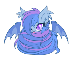 Size: 3500x2800 | Tagged: safe, artist:starlightlore, oc, oc only, oc:astral flare, species:bat pony, species:pony, batburrito, blep, cute, ear fluff, ear tufts, female, filly, long tail, looking at you, one eye closed, silly, simple background, solo, spread wings, starry eyes, tongue out, transparent background, wingding eyes, wings, wink, wrapped up