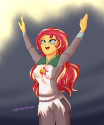 Size: 2900x3500 | Tagged: safe, artist:eifiechan, character:sunset shimmer, my little pony:equestria girls, blushing, clothing, crossover, cute, dark souls, faec, female, freckles, open mouth, pants, praise the sun, shimmerbetes, solaire of astora, solo, when you see it