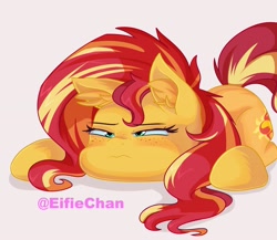Size: 3000x2600 | Tagged: safe, artist:eifiechan, character:sunset shimmer, species:pony, species:unicorn, ear fluff, female, freckles, frown, mare, missing horn, simple background, solo, white background