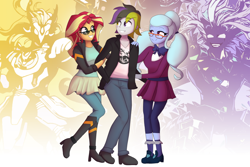 Size: 1280x853 | Tagged: safe, artist:zelc-face, character:sugarcoat, character:sunset shimmer, oc, equestria girls:friendship games, g4, my little pony: equestria girls, my little pony:equestria girls, boots, bow tie, clothing, crystal prep academy uniform, female, glasses, jacket, leather jacket, male, pants, pigtails, school uniform, shoes, skirt, socks, sunglasses, yu-gi-oh!