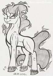 Size: 1618x2338 | Tagged: safe, artist:rossmaniteanzu, character:king sombra, species:pony, male, monochrome, pencil drawing, scar, simple background, solo, standing, traditional art, unshorn fetlocks, white background