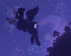 Size: 2647x2102 | Tagged: safe, artist:katputze, character:princess luna, species:alicorn, species:pony, :3, cute, dream, dream walker luna, eyeshadow, female, flowing mane, flying, house, lunabetes, makeup, mare, missing accessory, smiling, solo, stars, sweet dreams fuel, thought bubble, tree, wholesome