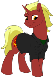 Size: 1113x1602 | Tagged: safe, artist:mythpony, oc, oc:firebrand, species:pony, species:unicorn, clothing, looking down, male, pockets, simple background, smiling, solo, stallion, transparent background
