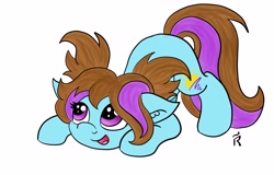 Size: 3000x1920 | Tagged: safe, artist:dawn-designs-art, oc, oc:dawn, species:earth pony, species:pony, adorable face, blue coat, brown mane, crouching, cute, female, filly, pigtails, purple eyes, purple mane, smiling, solo