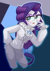 Size: 1900x2700 | Tagged: safe, artist:geraritydevillefort, character:rarity, species:human, my little pony:equestria girls, blushing, clothing, crossover, female, glasses, hand on hip, open mouth, pants, rarifort, shirt, solo, the count of monte cristo, villefort