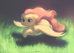Size: 2580x1852 | Tagged: safe, artist:katputze, character:fluttershy, species:pegasus, species:pony, butt fluff, cheek fluff, cute, female, floppy ears, fluffy, flying, grass, mare, shadow, shoulder fluff, shyabetes, smiling, solo, spread wings, windswept mane, wing fluff, wings
