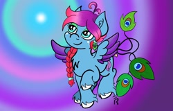 Size: 3000x1920 | Tagged: safe, artist:dawn-designs-art, oc, oc:plume, species:pegasus, species:pony, blue coat, colored wings, female, mare, multicolored hair, multicolored wings, peacock, peacock feathers, peacock pony, red mane, solo, white hooves