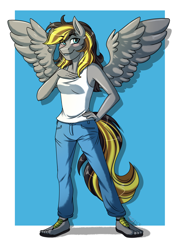 Size: 2500x3500 | Tagged: safe, artist:jack-pie, oc, oc only, oc:fasty, species:anthro, species:pegasus, species:plantigrade anthro, species:pony, anthro oc, clothing, commission, feet, female, high res, mare, pants, sandals, solo, tank top