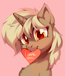 Size: 2562x3000 | Tagged: safe, artist:lispp, oc, oc only, oc:honey bee, species:pony, species:unicorn, bust, chest fluff, female, heart, holiday, i love you, looking at you, mare, mouth hold, pink background, portrait, simple background, solo, valentine's day, ych result