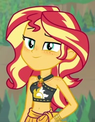 Size: 796x1024 | Tagged: safe, artist:eifiechan, edit, edited screencap, screencap, character:sunset shimmer, episode:unsolved selfie mysteries, g4, my little pony: equestria girls, my little pony:equestria girls, belly button, bikini, black swimsuit, clothing, cutie mark swimsuit, female, freckles, geode of empathy, magical geodes, sarong, smiling, solo, swimsuit