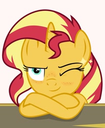 Size: 2253x2736 | Tagged: safe, artist:eifiechan, edit, edited screencap, screencap, character:sunset shimmer, species:pony, species:unicorn, my little pony:equestria girls, crossed arms, female, freckles, looking at you, mare, one eye closed, smiling, solo, wink
