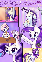 Size: 2300x3400 | Tagged: safe, artist:katputze, character:rarity, character:sweetie belle, species:pony, species:unicorn, armpits, bed mane, bread, cereal, comic, croissant, female, filly, food, hooves, loofah, mare, messy mane, morning ponies, raised hoof, raised leg, routine, shower