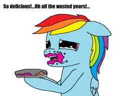 Size: 863x667 | Tagged: safe, artist:logan jones, character:rainbow dash, episode:secrets and pies, g4, my little pony: friendship is magic, alternate scene, crumbs, crying, food, just one bite, messy eating, pie, pie filling, pie tin, spongebob squarepants, tears of joy
