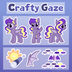 Size: 4000x4000 | Tagged: safe, artist:partylikeanartist, oc, oc only, oc:crafty gaze, species:bat, species:bat pony, species:pony, bat pony oc, c:, cute, cutie mark, ear tufts, female, gear, grin, looking at you, mare, ocbetes, open mouth, raised hoof, reference, reference sheet, smiling, solo, spread wings, spyglass, text, waving, wings