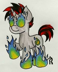 Size: 778x960 | Tagged: safe, artist:dawn-designs-art, oc, species:pony, species:unicorn, black and red mane, black mane, fire, fire eyes, fire pony, gray coat, green fire, on fire, red mane, solo