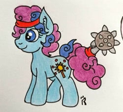 Size: 960x875 | Tagged: safe, artist:dawn-designs-art, oc, species:pony, blue coat, blue mane, headband, mace, multicolored hair, purple mane, solo, violet mane, weapon, weapon tail pony