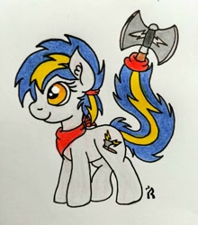 Size: 846x960 | Tagged: safe, artist:dawn-designs-art, oc, species:pony, axe, bandana, battle axe, blue mane, gray coat, multicolored hair, orange eyes, pigtails, solo, weapon, weapon tail pony